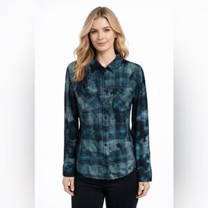 Given Kale Teal Plaid Button Down Top Velvet Paisley Back Sheer Panel  Blouse
